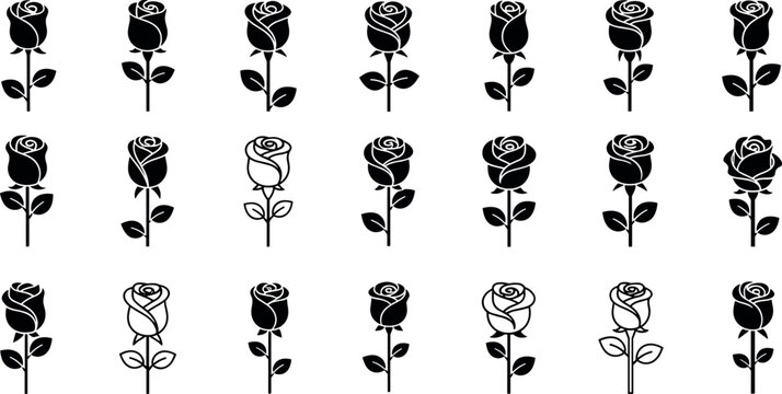 Elegant rose silhouette icon set featuring floral shapes in minimal black style for logos branding tattoos and decoration