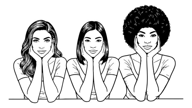 Three diverse women multiracial smiling resting heads on hands together black and white line art