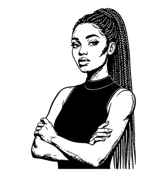 Confident African American Woman with Braided Ponytail Crossed Arms Serious Expression Black White Vector Art