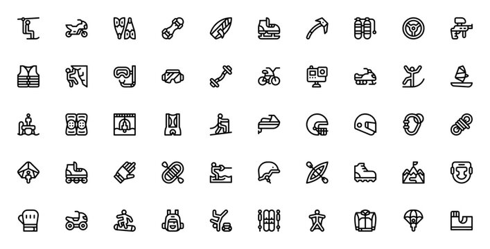 Extreme Sports icon pack. Minimal thin line vector set. Featuring snowboard, surfing, climbing, bungee jumping, jet ski, kayak, parachute, hang gliding, boxing, rafting, motorbike, ski and more.