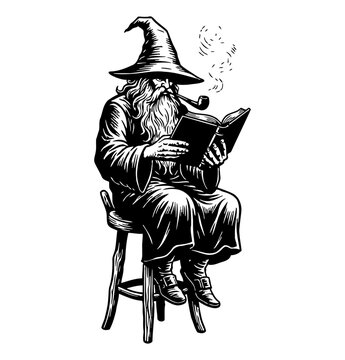 Wise old wizard with long white beard and pointed hat sitting on a stool reading a book smoking a pipe