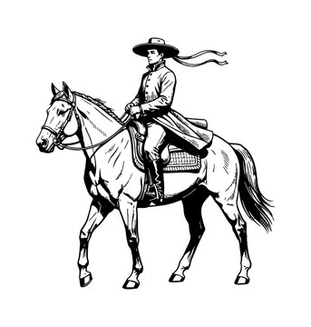 Calm Man in Traditional Attire with Wide Brimmed Hat and Ribbons Riding Horse in Elegant Black White Line Art