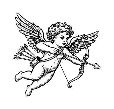 Young Caucasian cupid flying aiming a heart arrow with bow and quiver of arrows serious expression in detailed line art