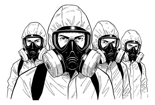 Four serious people in full hazmat suits and gas masks standing looking forward in black and white line art