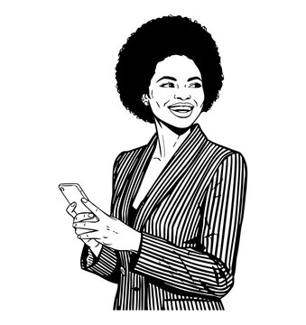 Cheerful African American woman smiling while holding smartphone and looking away in black and white line art illustration
