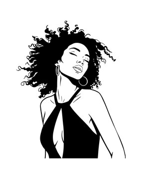 African American Woman with Curly Hair and Closed Eyes Posing with Serene Expression in Halter Top Black and White Illustration