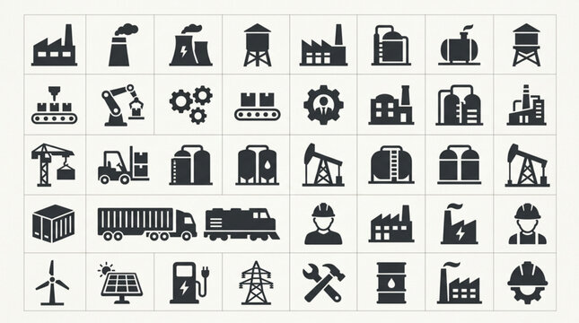 Collection of Industrial Icons and Symbols Representing Manufacturing and Energy.