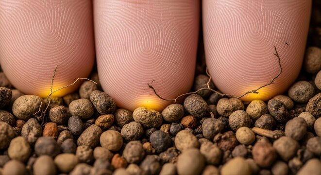 A close-up, macro view reveals three human fingers with small, delicate roots growing from their tips into a bed of tiny pebbles, symbolizing connection and growth.