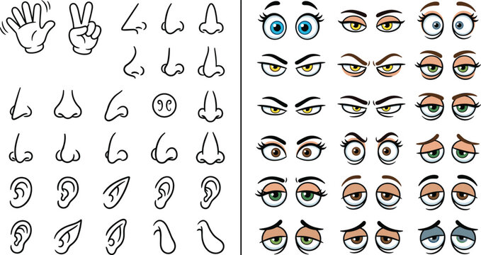 Cartoon facial elements set with eyes noses ears and hands for character design and animation illustration collection