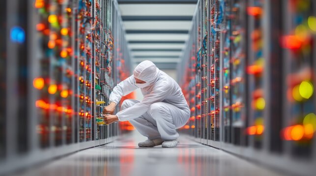 Technician in white suit working on computer server rack in data center
