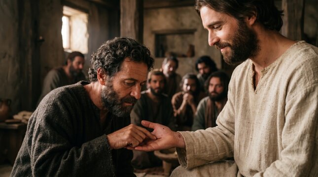 Jesus showing scars on hand to Thomas the apostle. Biblical scene of faithful disciple touching wounds after resurrection. Christian religious teaching and spiritual devotion theme.
