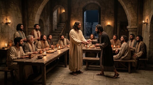 Jesus Christ washing a disciple foot at the Last Supper in a stone room. Biblical scene depicting humility and service. Religious concept for Easter and Christian worship celebration.