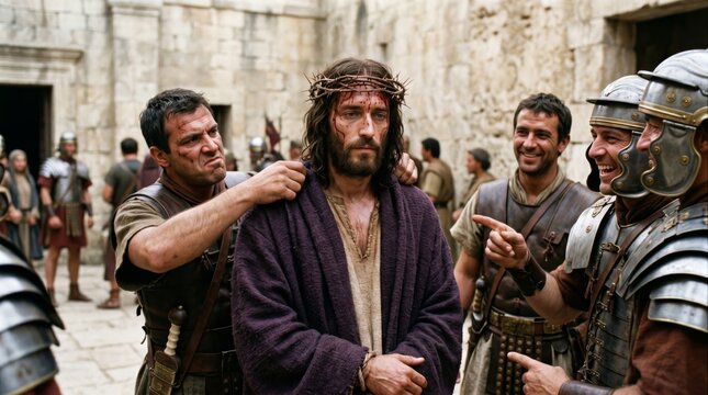 Jesus wearing crown of thorn mocked by Roman soldier in courtyard. Scene of biblical passion of Christ. Historical drama representation for religious education, film or church project.