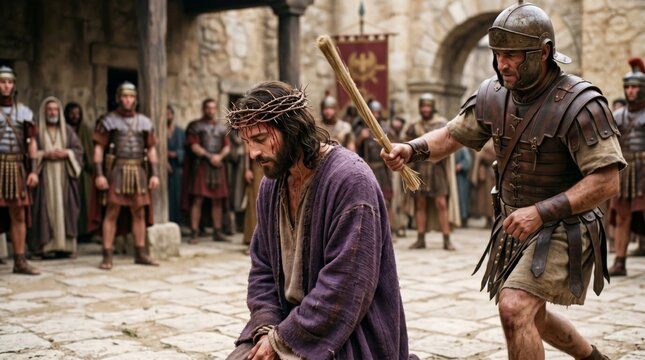 Jesus Christ wearing crown of thorn kneeling while being struck by Roman soldier. Passion of Christ, biblical scene from New Testament narrative regarding crucifixion and Easter holiday event.