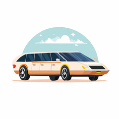 Fototapeta premium A vintage station wagon drives under a sunny sky with clouds.