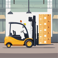 Naklejka premium A forklift operator moves boxes in a warehouse loading bay area indoors.