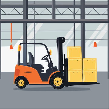 A forklift operator moves boxes in a warehouse loading dock area indoors.