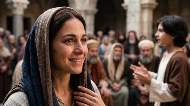 Woman looking at young boy teaching in temple. Biblical scene with Mary and young Jesus. Christian religion, faith, spirituality and gospel narrative. Historical ancient costume.