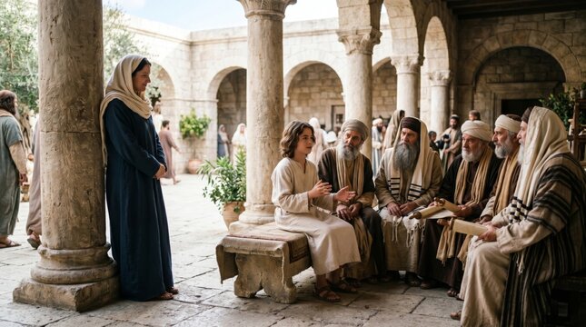 Young boy Jesus teaching in the temple. Mary observing her son talking to elder men in ancient Jerusalem. Religious biblical scene depicting wisdom and spiritual education level.