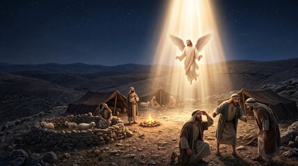 Fototapeta premium Jesus appearing as an angel to shepherds in the field at night. Biblical scene of the nativity announcement by divine messenger. Spiritual religious narrative for Christmas celebration.