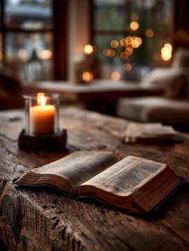 Open Bible on wooden table with soft candle flicker and warm natural window light, calm and peaceful faith atmosphere, neutral beige and cream tones, shallow depth of field, serene minimal composition
