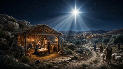 Naklejka premium Nativity scene of baby Jesus in stable with woman Mary and man Joseph. Shepherds approaching Bethlehem under bright star. Catholic religion and Christmas holiday celebration concept.
