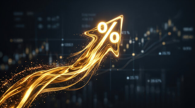 Inflation rate concept illustrated by glowing golden arrow with percentage symbol rising against dark background with financial chart lines showing growth and upward trend
