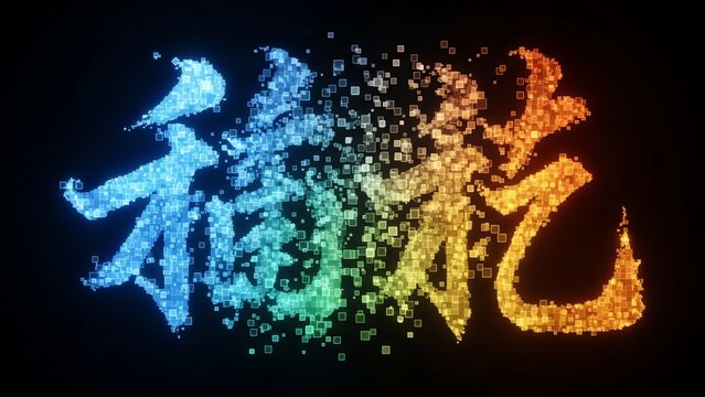 Chinese Calligraphy Illustration from Colorful Glowing Cubes on Black