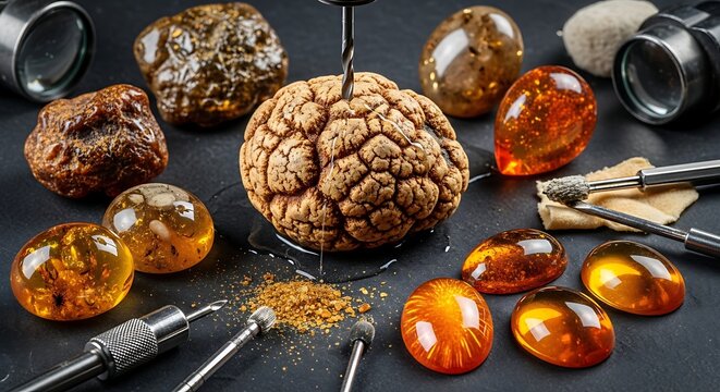 Polished Amber Gemstones and Rough Specimen Arranged with Jewelry Tools on Dark Workbench