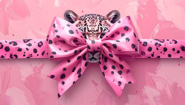 Leopard Head Peeking Behind A Large Pink Animal Print Satin Bow Digital Illustration On A Textured Artistic Background