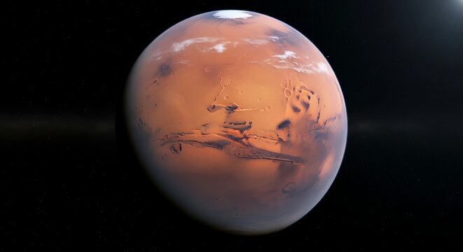 Red Planet Mars Floating Against Dark Space Background