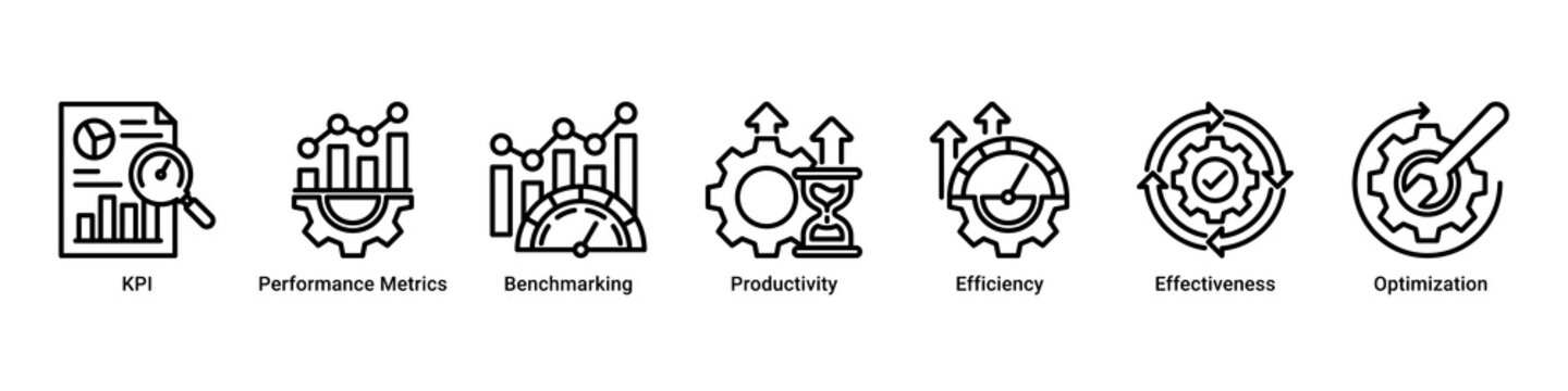 Performance Tracking web banner icon vector illustration with icons of KPI, Performance Metrics, Benchmarking, Productivity, Efficiency, Effectiveness and Optimization