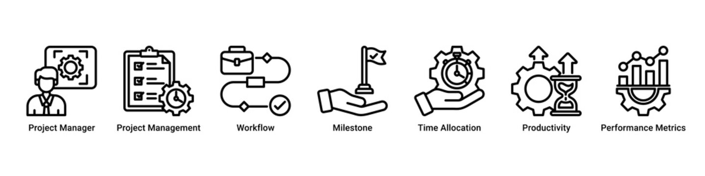 Project Execution web banner icon vector illustration with icons of Project Manager, Project Management, Workflow, Milestone, Time Allocation, Productivity and Performance Metrics
