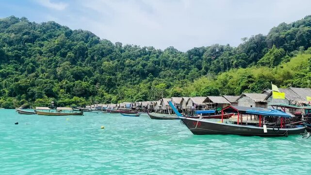 Sea gypsies wooden frishing boat on turquoise water n calm ocean wave at Moken or Morgan Village in Surin island on clear blue sky n white cloud with mountain n rain-forest in Phang-Nga, Thailand