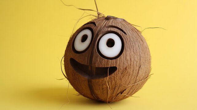 Funny smiling coconut character with expressive eyes on yellow background