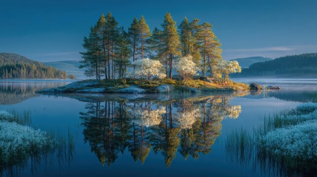 Tranquil lake with small island and pine tree reflection at calm morning light