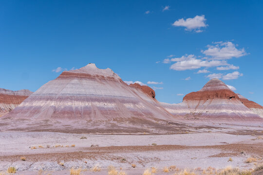 Petrified Forest National Park in Arizona. The Tepees, conical hills with banded mudstones resembling Tipis or Male Hogans. Trailhead for the Historic Blue Forest Trail. 