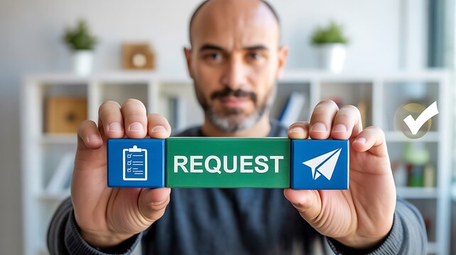 Businessman holding request button interface with digital communication concept
