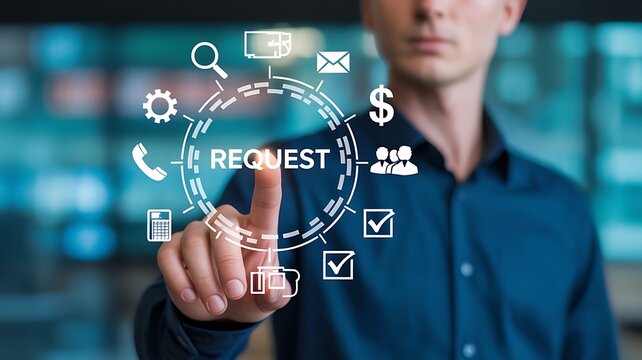 Business professional using futuristic digital request technology interface system