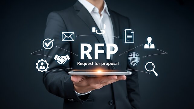 Professional businessman presenting digital request for proposal business interface