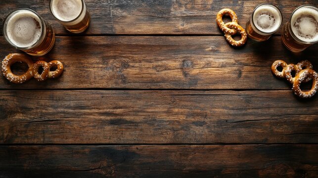 Rustic wood table with beer glasses and salted pretzels, overhead view, oktoberfest celebration