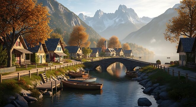 Charming Alpine Village Resting Beside Calm Canal and Stone Bridge in Autumn Mountain Valley