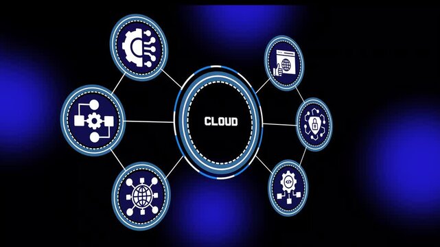 Cloud concept with digital computing systems, data integration workflows, network connectivity and modern technology visualization design.