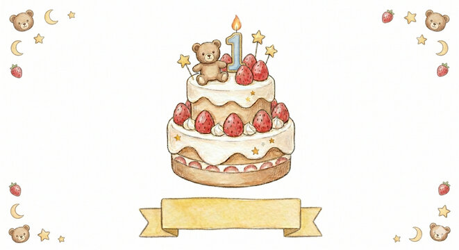 【白背景・空白ラベル付き】赤ちゃん用お祝いケーキ（数字の1・スマッシュケーキ）の詳細水彩アイコン