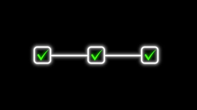 abstract step by step process Guide infographic icon animation on black background, 3 step process infographic with tick mark icon, three step success with check marks