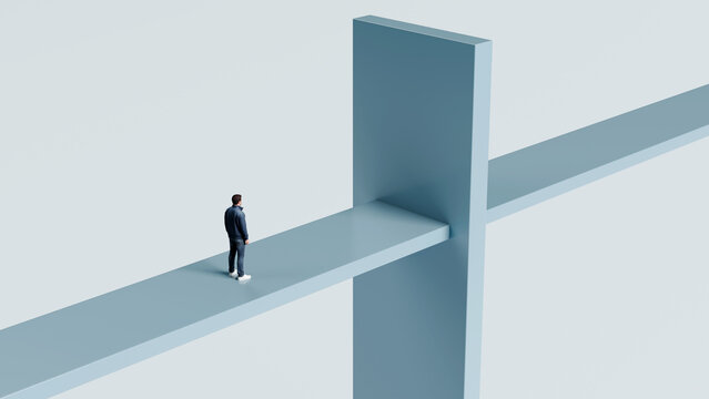 Man standing on bridge path blocked by large wall representing business obstacle and strategic problem solving, 3d render