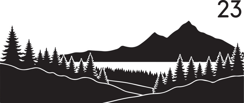 Black silhouette landscape, mountain range, pine trees, scenic view, vector illustration
