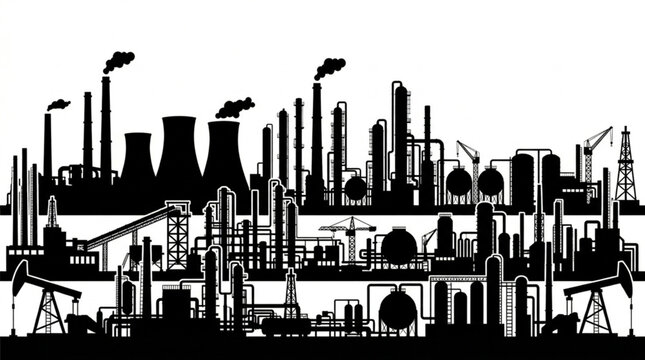 Industrial Factory Silhouette with Oil Pumps and Smoke Stacks.