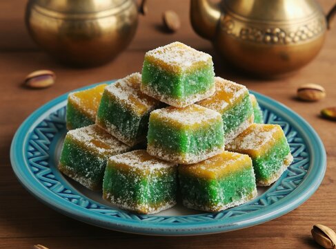 Pakistani petha sweet cubes are coated in sugar and pistachios. This traditional regional dessert is served on a blue plate with a brass teapot. Ash gourd candy for South Asian culinary photography.