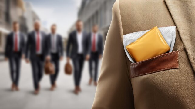 Businessman carrying envelope in jacket pocket walking on city street
